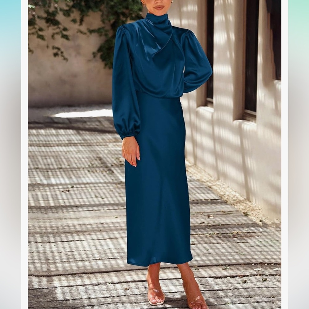 Satin Blouson Midi Dress - Picture 5 of 12